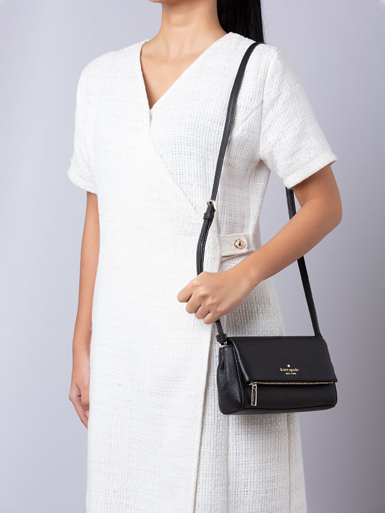Leila Leather Mini Flap Zip Crossbody Black