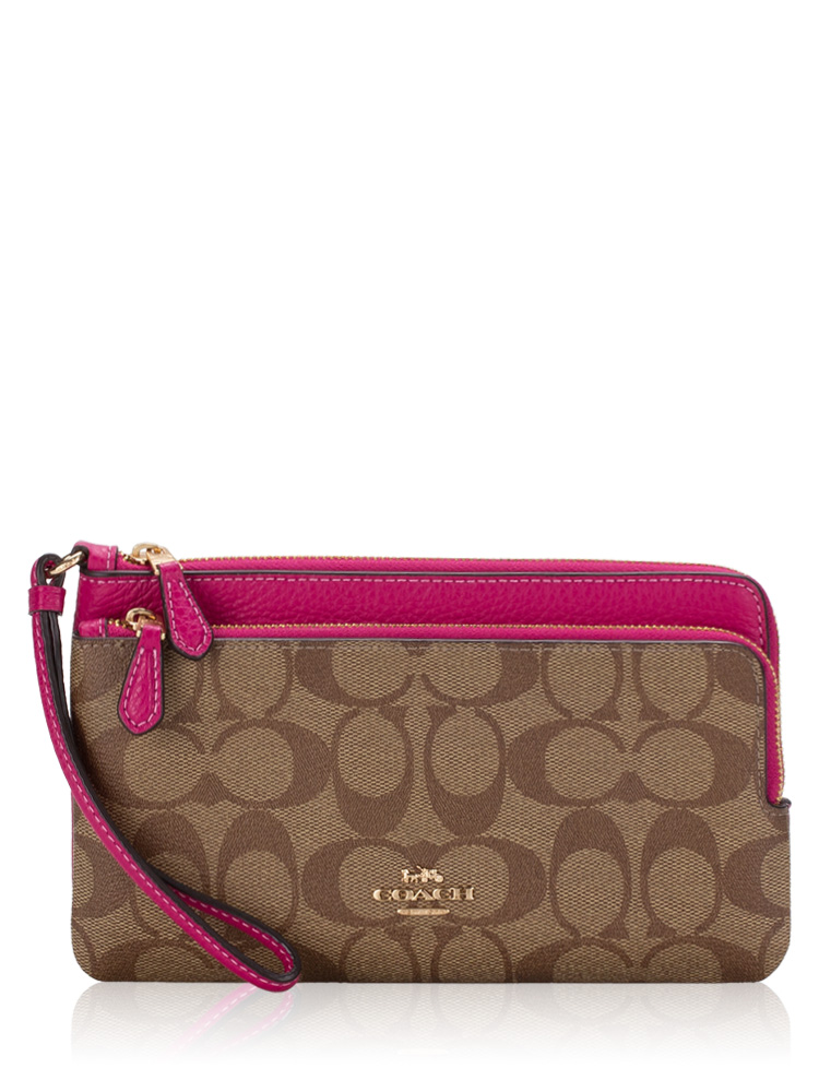 C5576 Signature Double Zip Wallet Khaki Cerise
