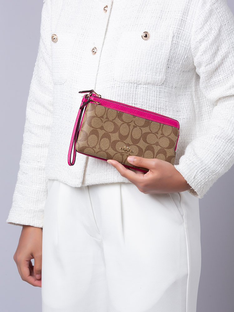 C5576 Signature Double Zip Wallet Khaki Cerise