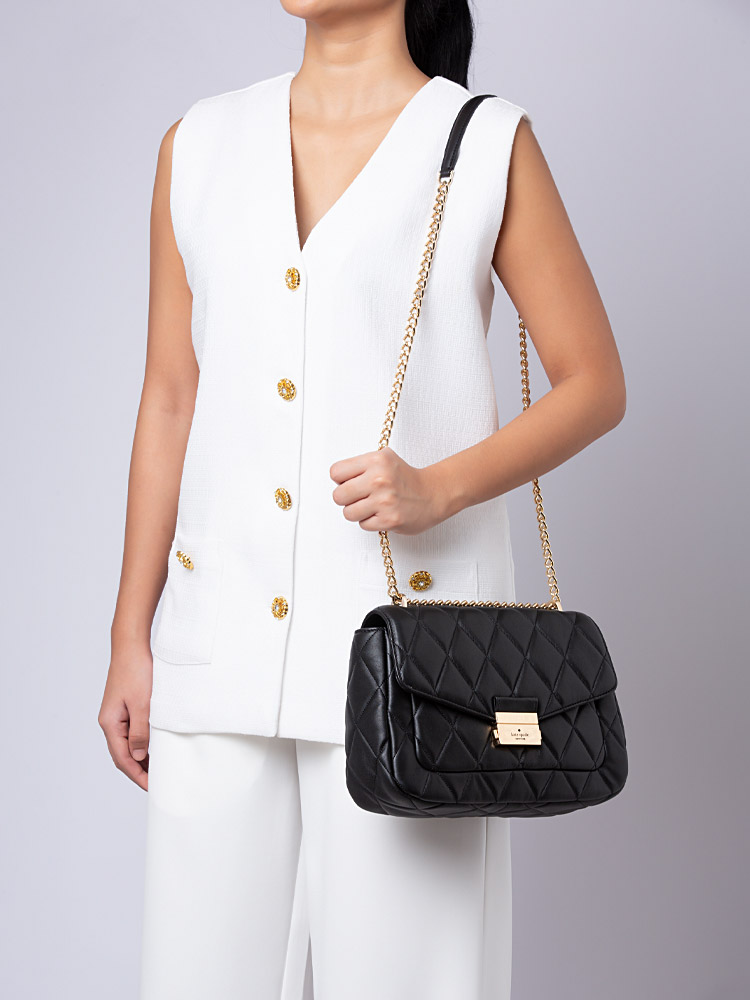 Carey Smooth Quilted Medium Flap Shoulder Bag Black Gold