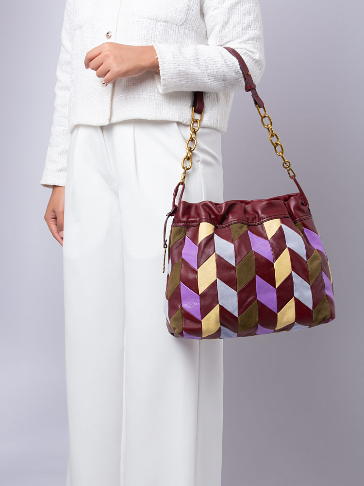 ZB1631186 Gigi Drawstring Shoulder Bag Patchwork Burgundy