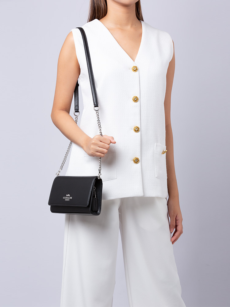 CP034 Flap Clutch Smooth Leather Crossbody Black