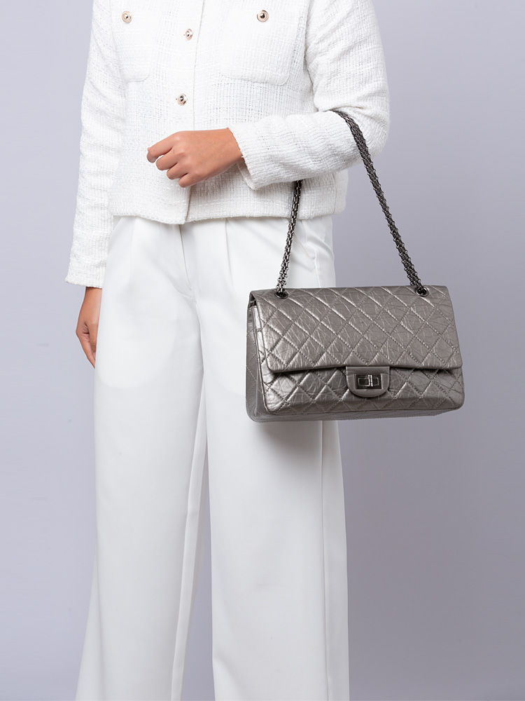 Metallic Aged Calfskin Quilted 2.55 Reissue 227 Double Flap Bag Silver
