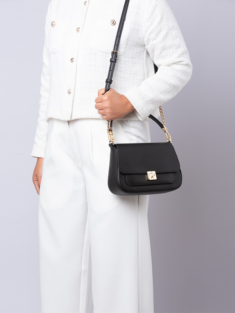 Phoebe Refined Grain Leather Flap Crossbody Black