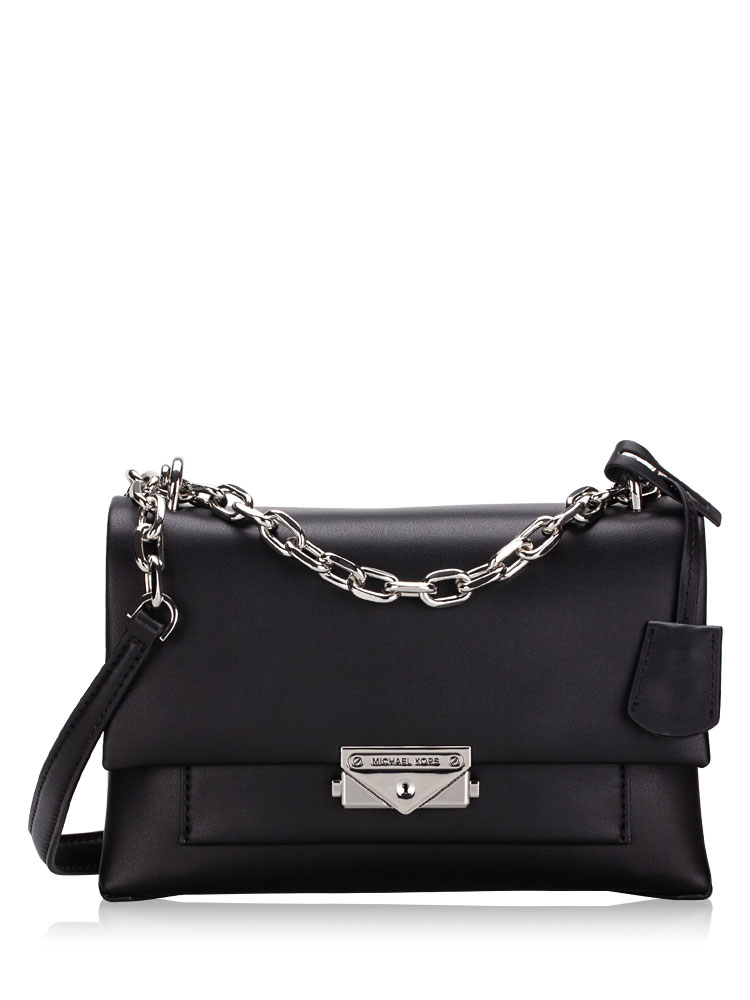 Cece Medium Flap Leather Shoulder Bag Black Silver