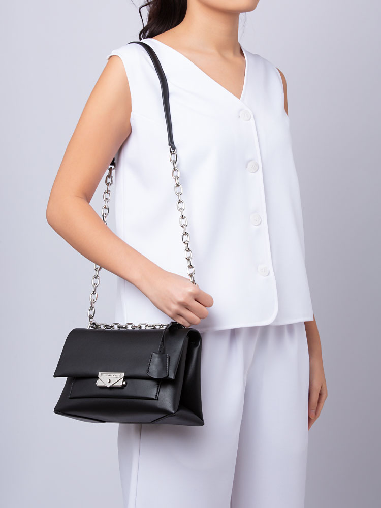 Cece Medium Flap Leather Shoulder Bag Black Silver