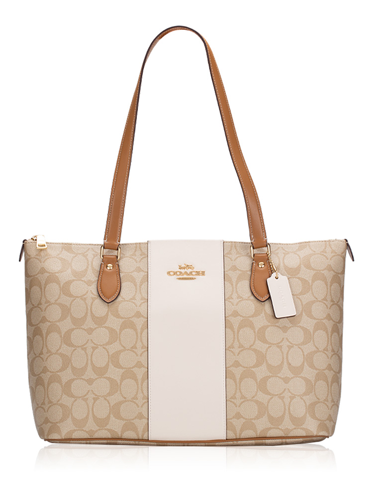 CR121 Signature Stripe Gallery Tote Light Khaki Chalk Light Saddle