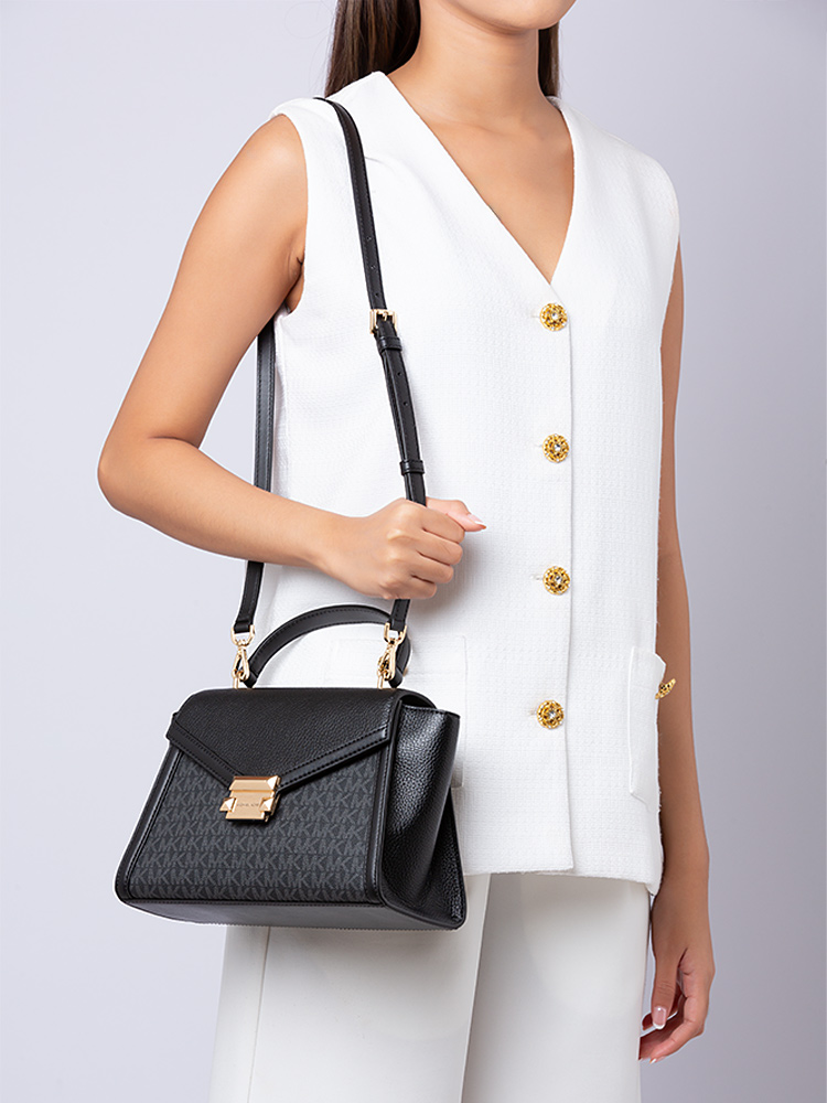 Signature Whitney Medium Flap Top Handle Satchel Black