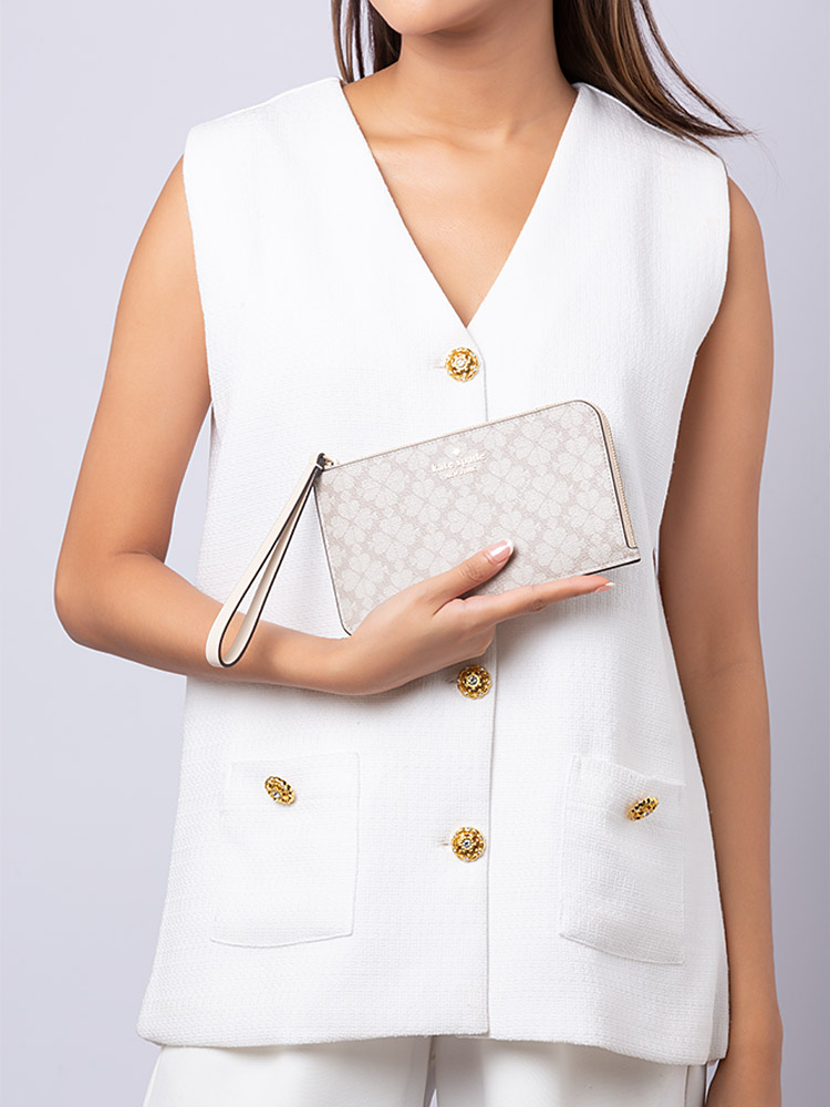 Lucy Spade Flower Medium L-Zip Wristlet Dark Beige