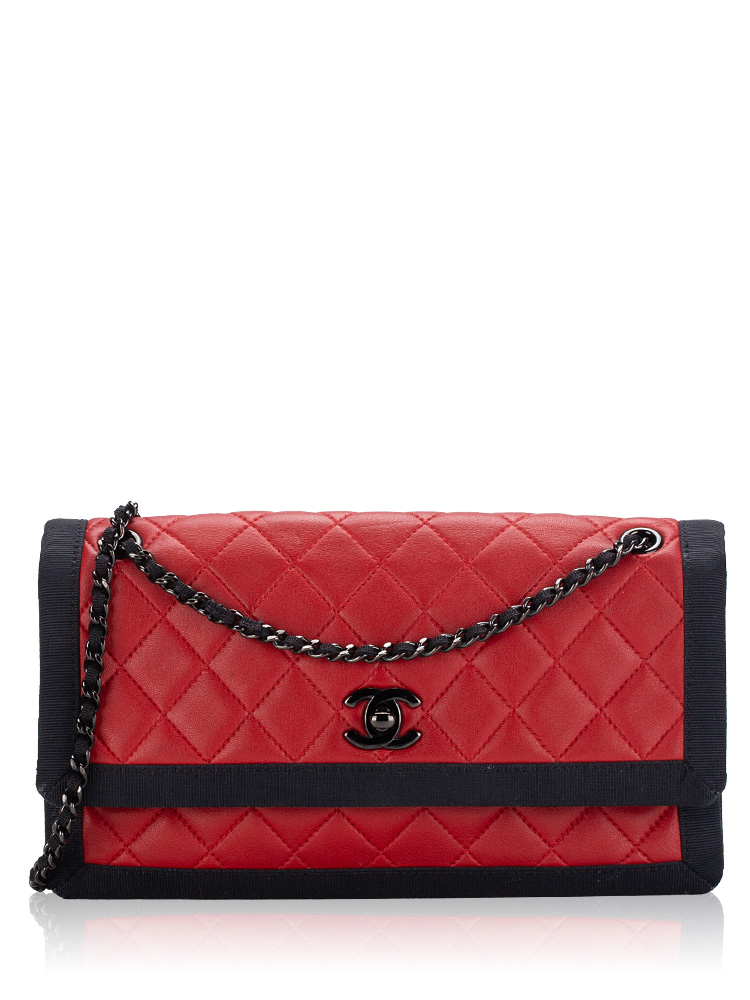 Lambskin Grosgrain Two Tone Medium Flap Bag Red Black