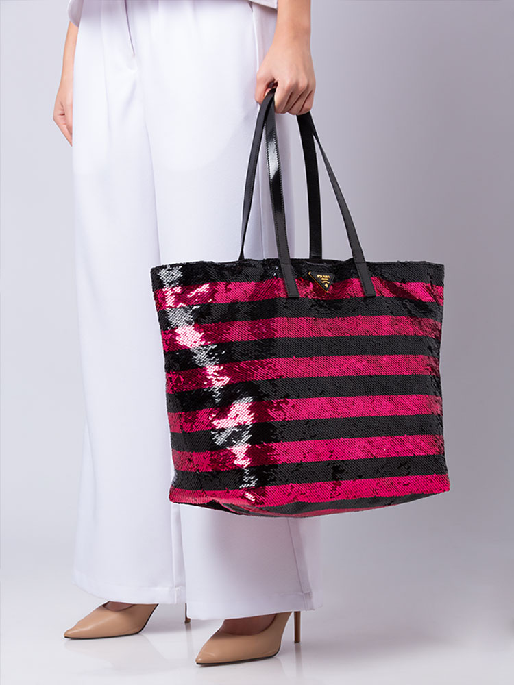 Stripped Sequin Tote Black Pink