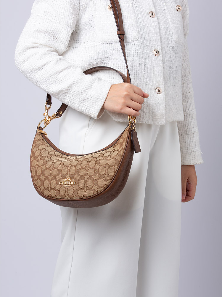 CO997 Signature Jacquard Aria Shoulder Bag Khaki Saddle Multi