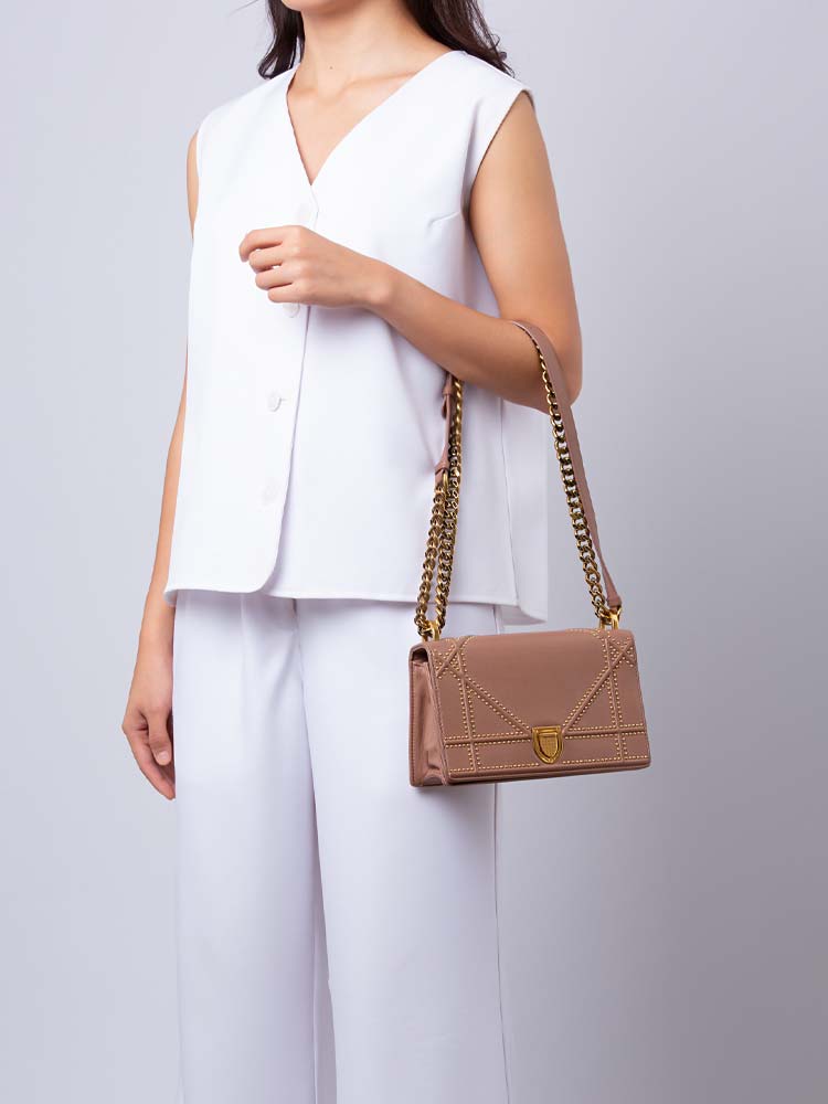 Calfskin Studded Diorama Small Flap Bag Taupe