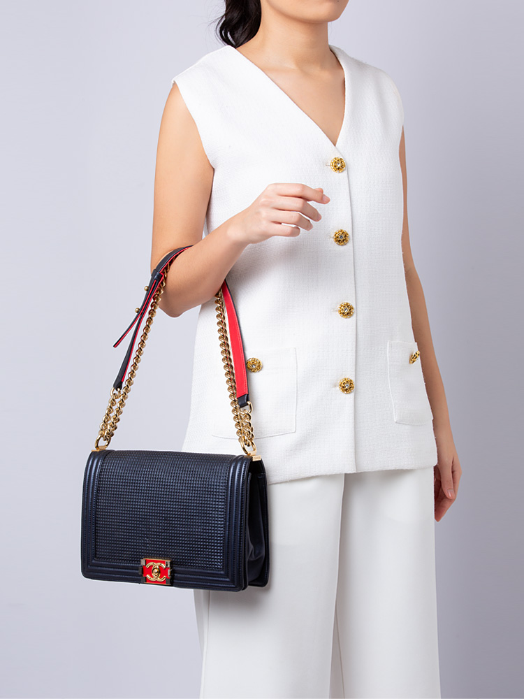 Lambskin New Medium Boy Cube Flap Bag Dark Blue