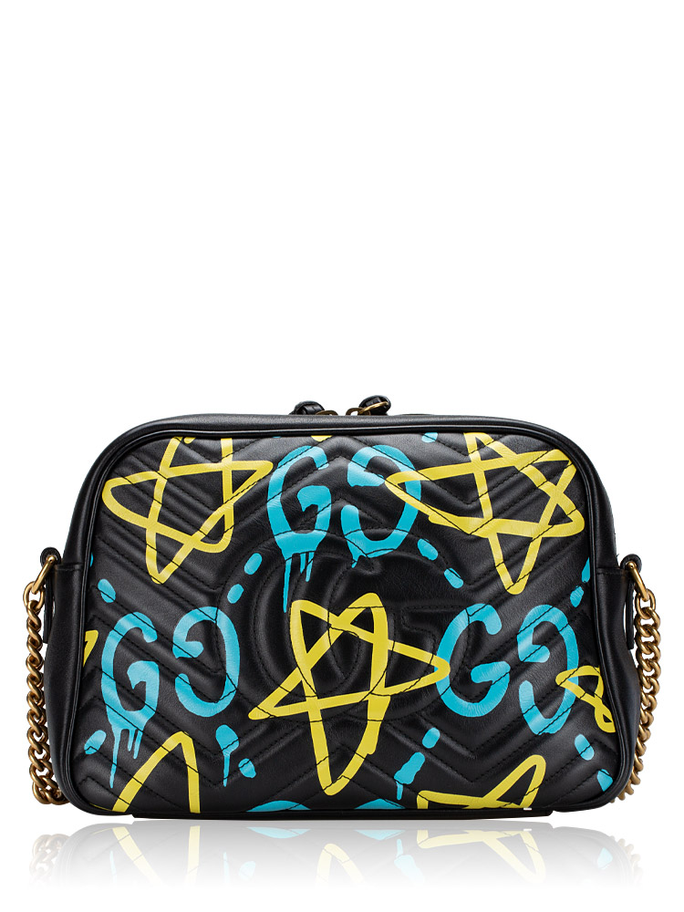 Calfskin Matelasse GucciGhost GG Marmont Small Camera Bag Black