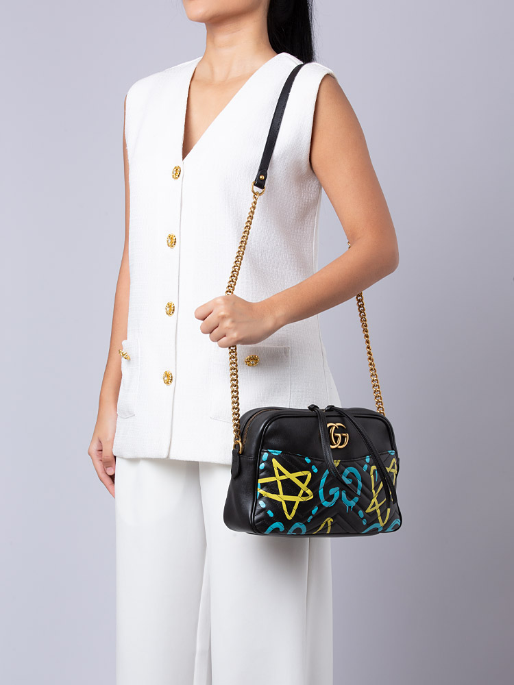 Calfskin Matelasse GucciGhost GG Marmont Small Camera Bag Black