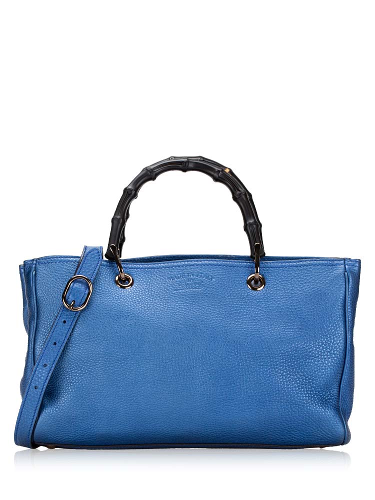 Pebbled Calfskin Bamboo Medium Shopper Metallic Blue