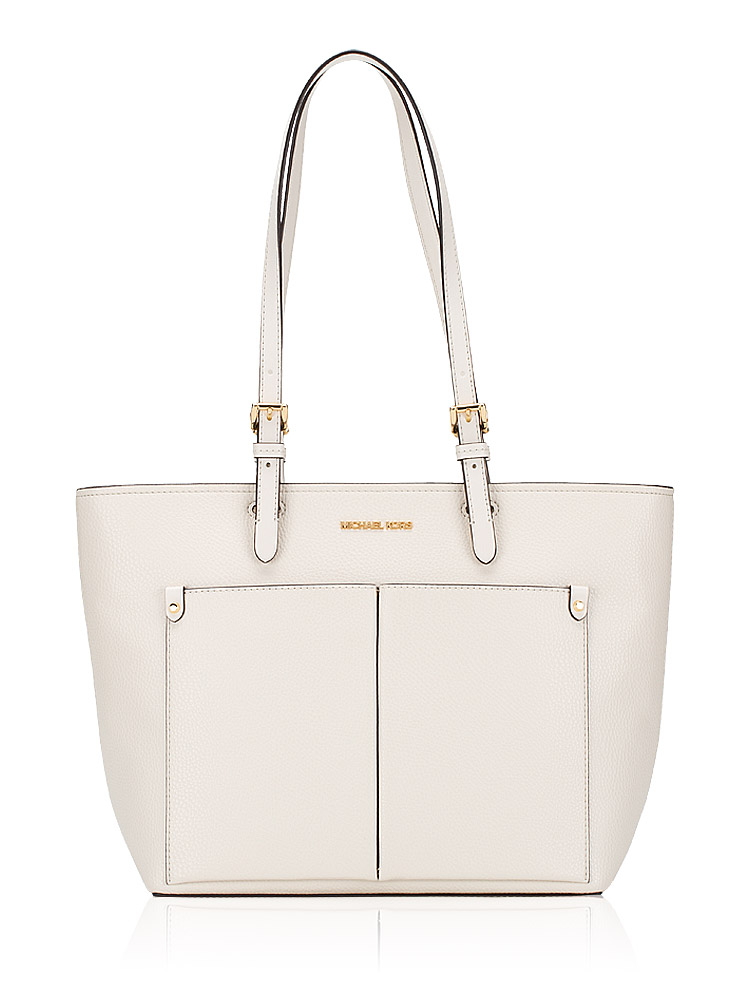 Jet Set Travel Leather Medium Double Pocket Tote Light Cream