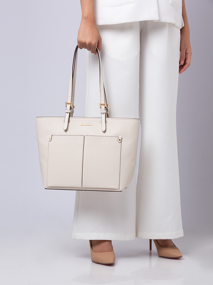 Jet Set Travel Leather Medium Double Pocket Tote Light Cream
