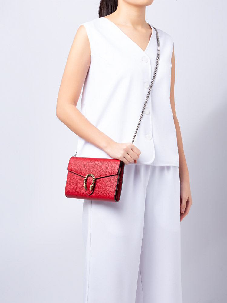Calfskin Dionysus Mini Chain Wallet Hibiscus Red