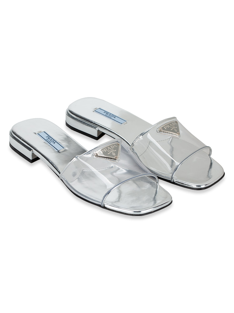 Plexiglas Metallic Triangle Logo Slide Sandals Argento Sz 38