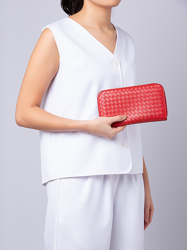 Nappa Intrecciato Zip Wallet Red