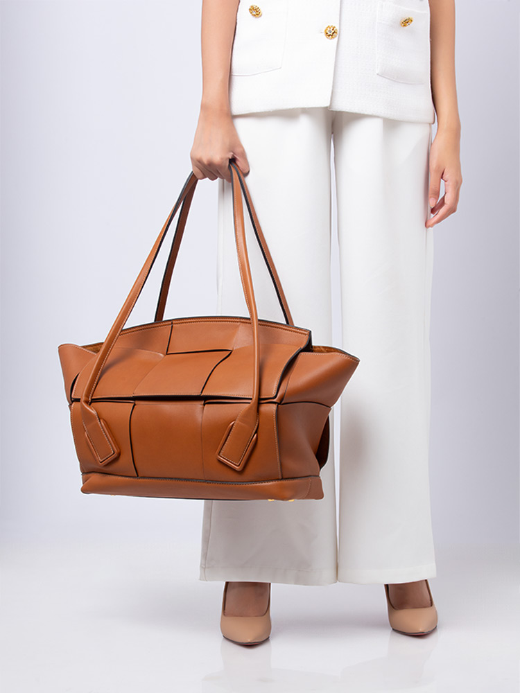 French Calfskin Maxi Intrecciato Arco Large Shoulder Bag Wood