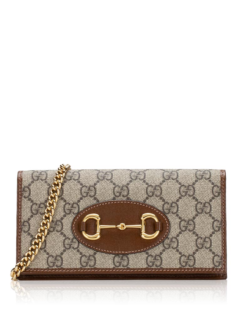 GG Supreme Monogram Azalea Calfskin Horsebit 1955 Wallet On Chain Beige Ebony Brown Sugar