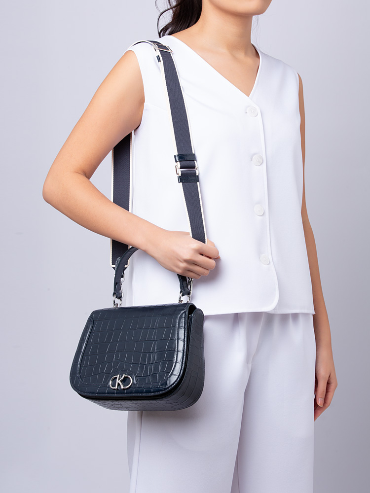 Kyla Croco Embossed Top Handle Saddle Bag Blazer Blue