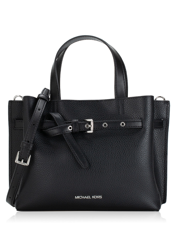 Emilia Small Pebbled Leather Satchel Black Silver