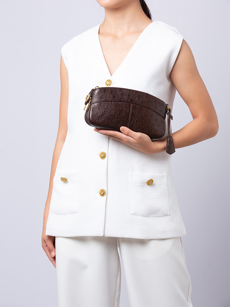 Ostrich Lockit Clutch Brown