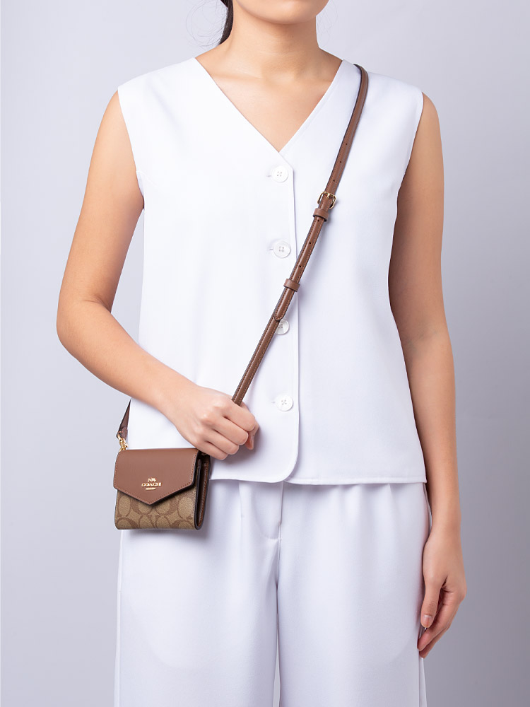 CU172 Signature Mini Envelope Wallet With Strap Khaki Saddle