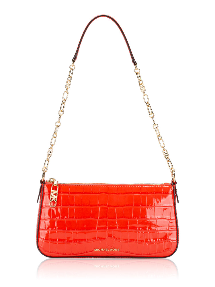 Empire Embossed Leather Medium Chain Pouchette Spiced Coral