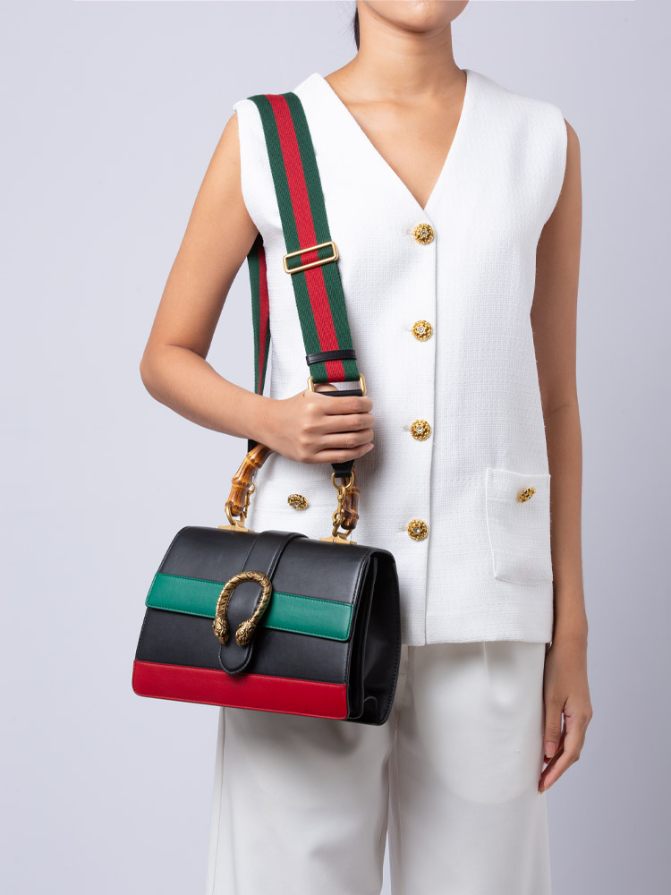Bamboo Web Dionysus Medium Top Handle Bag Navy Green Red
