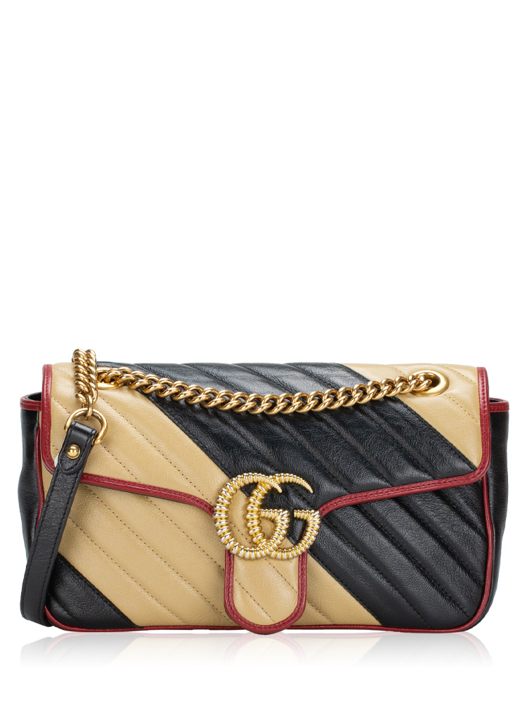 Vintage Effect Calfskin Matelasse GG Marmont Small Shoulder Bag Black Beige