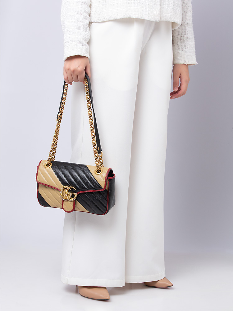 Vintage Effect Calfskin Matelasse GG Marmont Small Shoulder Bag Black Beige