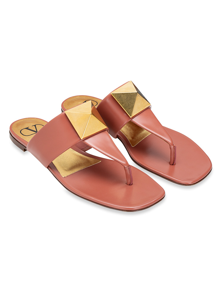Calfskin One Stud Flat Slide Sandals Ginger Bread Sz 36.5
