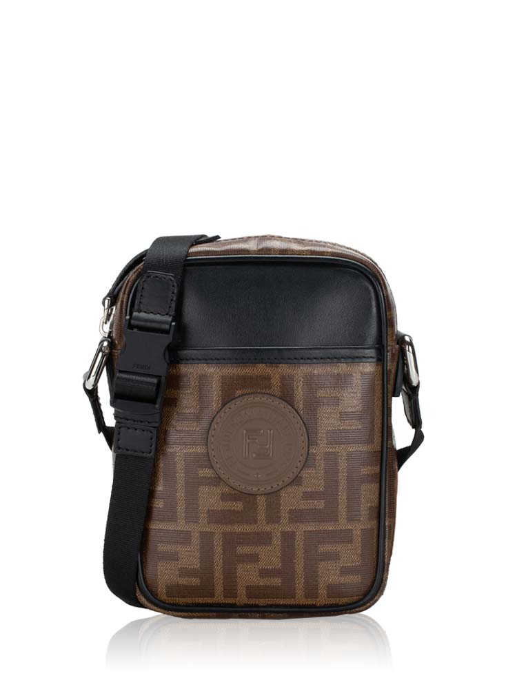 Glazed Fabric Vitello Century FF 1974 Stamp Patch Small Crossbody Messenger Mogano Panna Black