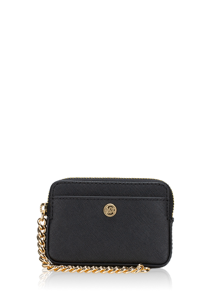 Jet Set Leather Medium Zip Card Case On Chain Black
