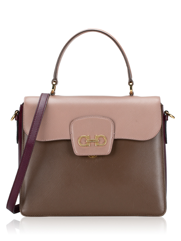 Grained Calfskin Double Gancini Top Handle Bag Pink Brown Multicolor