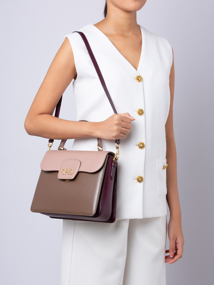 Grained Calfskin Double Gancini Top Handle Bag Pink Brown Multicolor