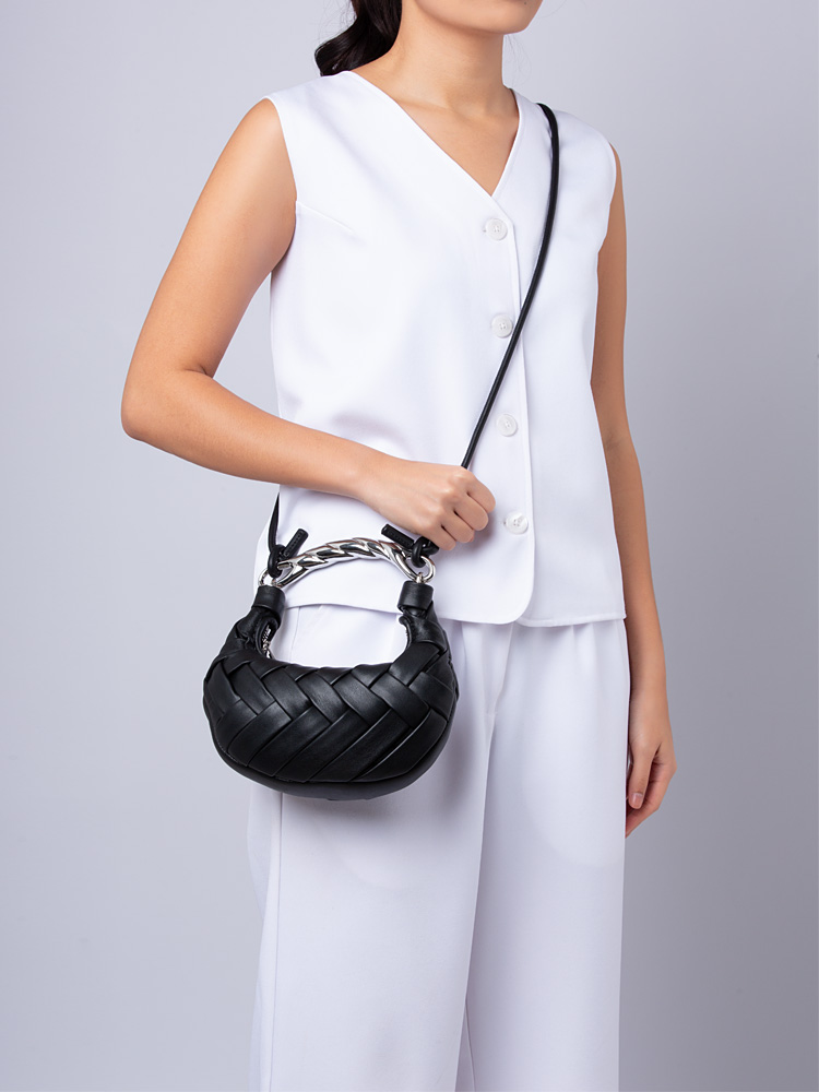 Weave Leather Orla Top Handle Bag with Strap Black