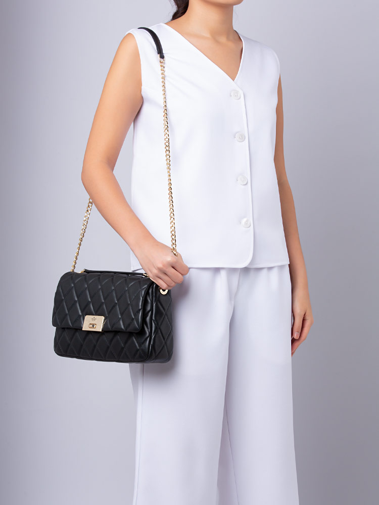 Carey Smooth Quilted Medium Flap Shoulder Black