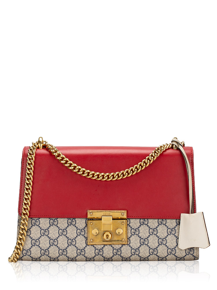 GG Supreme Moon Calfskin Padlock Medium Shoulder Bag Beige Blue Hibiscus Red
