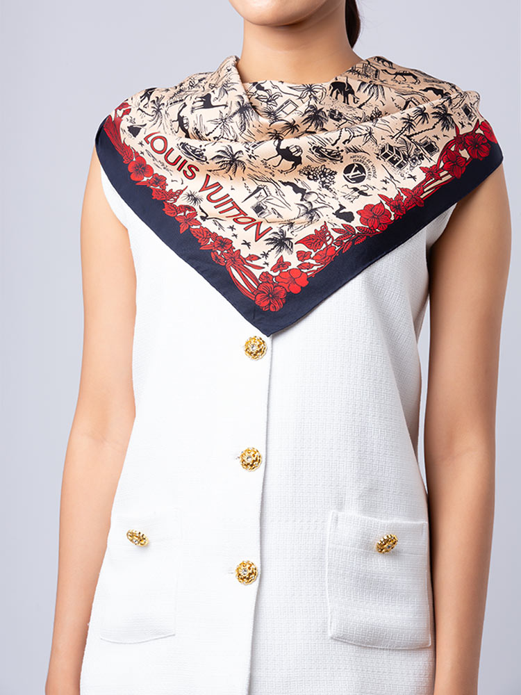 Silk Monogram Articles de Voyage Square Scarf Navy Red Beige