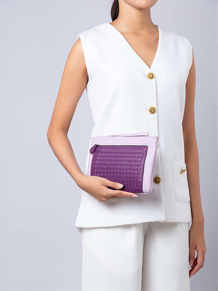 Nappa Intrecciato Double Zip Pouch Purple