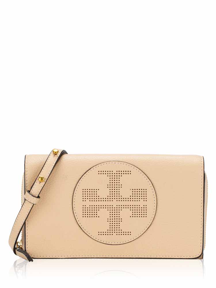 Perforated Logo Flat Wallet Crossbody Cream