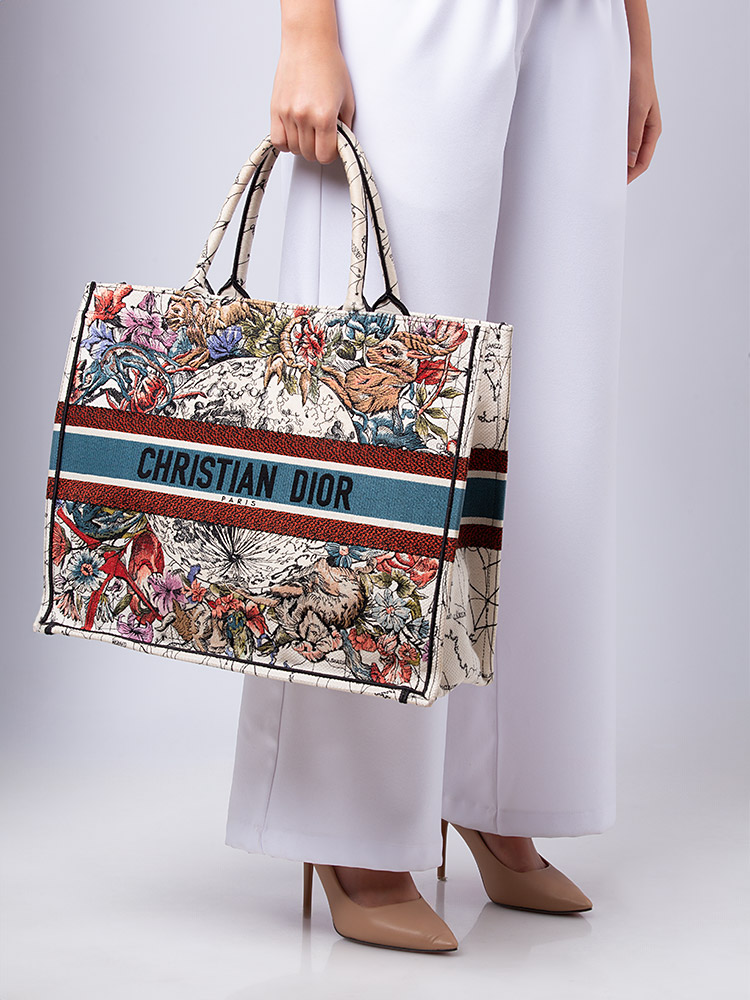 Canvas Embroidered Zodiac Large Book Tote Latte Multicolor