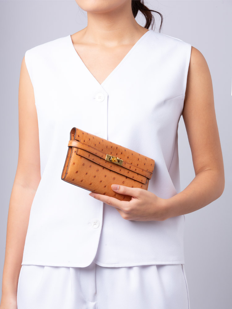 Ostrich Kelly Longue Wallet Gold