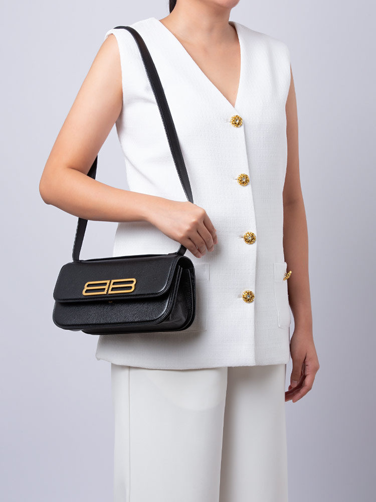 Calfskin Stripe Embossed Gossip Small Shoulder Bag Black